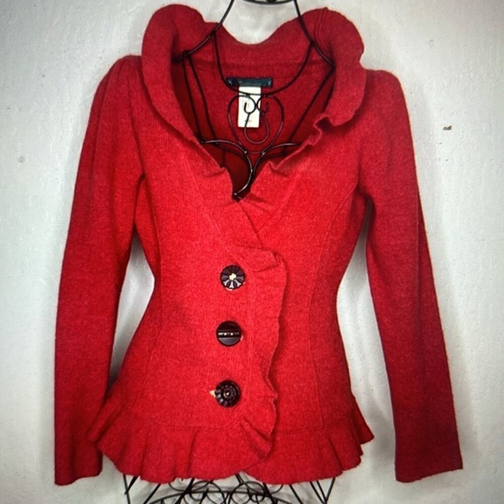 Anthropologie Cartonnier Red Boiled Wool Button Front Ruffled Collared C…